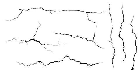 Surface cracks and fissures in ground, concrete, crevices from disaster top view. Breaks on land surface from earthquake isolated on white background. Broken ground, wall, glass pattern effect. Damage