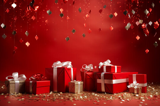 Image generative AI picture of many gift boxes on red background empty space poster bright christmas garland