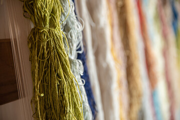 Colorful silk threads for weaving in a textile factory , Cotton color natural dyes handmade, old...