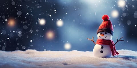 Naklejka na ściany i meble Building joy with frosty friend. Snowy delight. Celebrating season with merry snowman and snow. Frosty greetings. Charming in winter tale on christmas