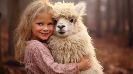 A little girl takes care of an alpaca on a farm.