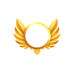 Golden round frame of medal with wings flat style, vector illustration