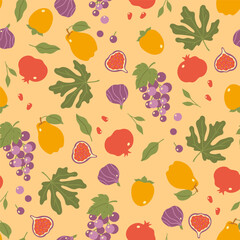 Seamless pattern with Georgian fruits in warm shades. Vector graphics.