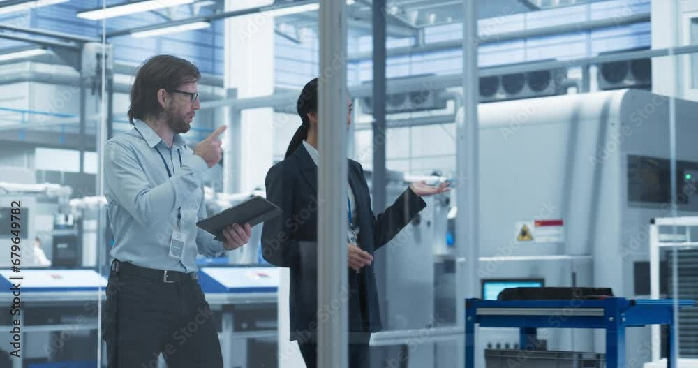 Leinwandbilder Portrait of an Experienced Male and Female Engineers Walking in Agency Room, Using Computer Tablet Device and Discussing Production at a Modern Automated Electronics Manufacture with Robotic Arms