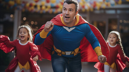 A dad in a superhero costume, guiding his children through an imaginary obstacle course