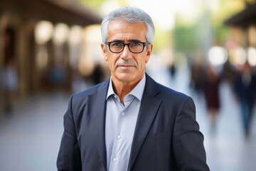Fototapeta premium Senior man with grey hair standing outdoors at the city.