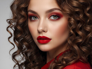 Hair, healthy long hair, hairstyle, make up. Beautiful woman with long hair, blue eyes and red lips