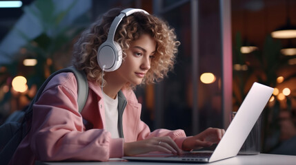Teen girl in headphones looks at laptop screen. Llive streaming, media format for real-time, unscripted interactions with audiences. - obrazy, fototapety, plakaty