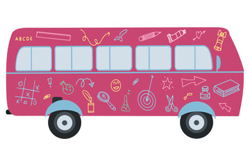 Vector design of a flat bus with doodle drawings. Hand-drawn school supplies on the bus. Back to school