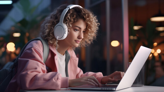 Teen girl in headphones looks at laptop screen. Llive streaming, media format for real-time, unscripted interactions with audiences.