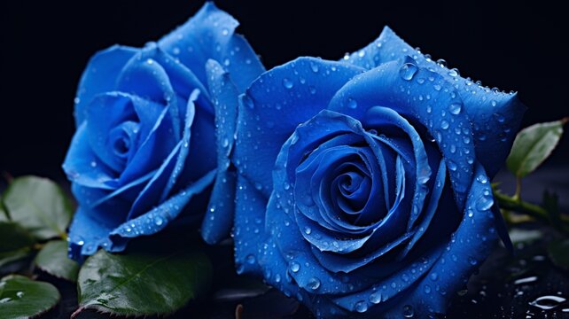 Two beautiful blue roses flowers water drops high Ai generated art