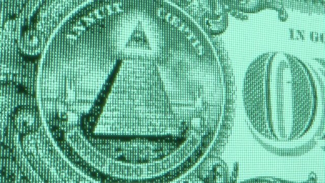 All seeing eye of the new world order and pyramid on usa dollar banknote. Conspiracy theory concept. Digital green abstract background