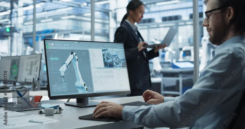 Poster Portrait of a Young Factory Manager Working on Desktop Computer in Industrial Manufacture with Autonomous Assembly Robots. Asian Specialist Monitoring Production on a Laptop in the Background