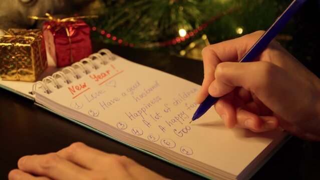 A woman's hand writes a list of New Year's wishes for the New Year in a notepad near a decorated New Year tree. Close-up of human desires.