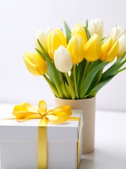 Bouquet of yellow tulips and gift box on white background.