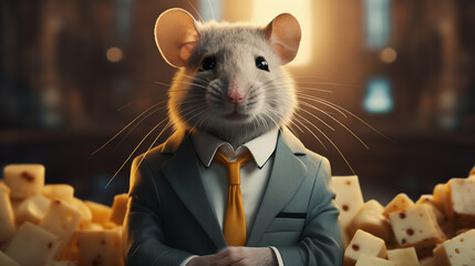 Serious rat in a business suit and tie on a background of cheese.