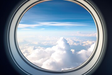 airplane wing visible from a porthole window - obrazy, fototapety, plakaty