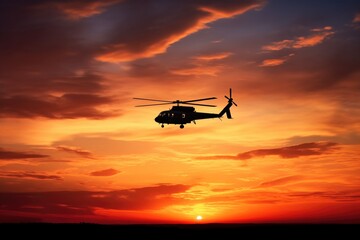 sunset silhouette of a small helicopter in flight