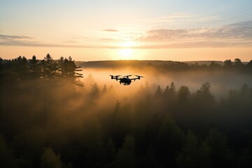 Obraz na płótnie Canvas small drone capturing a sunrise over a dense forest