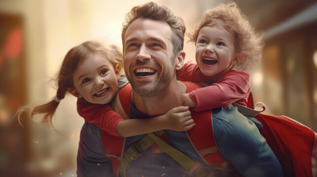 A superhero dad lifting his children into the air with smiles of pure joy