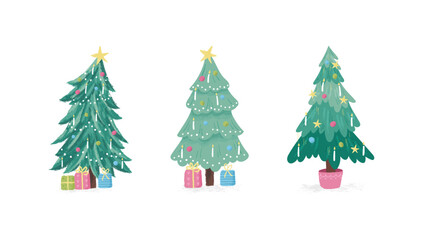 Collection of hand drawn Christmas trees with decoration and candles. Colorful vector illustration.