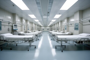 row of hospital beds in a clean ward - obrazy, fototapety, plakaty