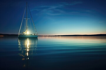 a sailing boat with navigation lights at dusk