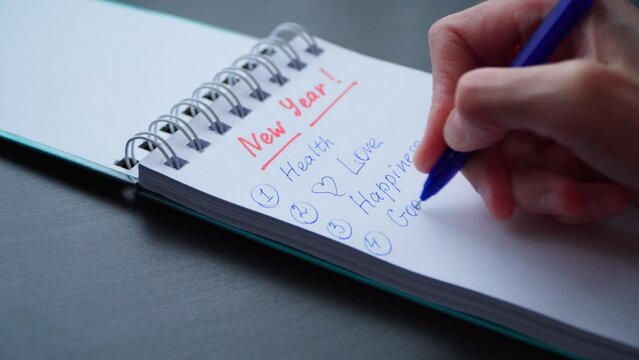 A woman's hand writes a list of New Year's wishes for the New Year. A woman desires the most important human feelings, emotions and health. Close-up.