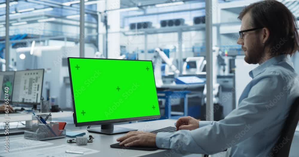 Aufkleber Robotics Engineer Working on a Desktop Computer with Green Screen Chromakey Mock Up Display in a Factory Office. Technological Research and Development Facility with Autonomous Assembly Conveyor