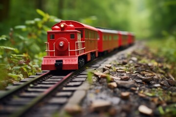 Fototapeta na wymiar red toy train on wooden tracks