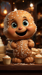 Obraz premium Cute gingerbread man in hat on festive background, ai generated