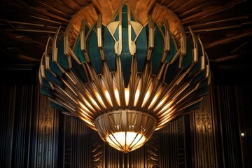 a close-up shot of an art deco chandelier hanging from a high ceiling - obrazy, fototapety, plakaty