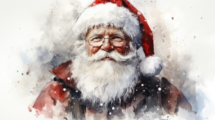 watercolor postcard, portrait of Christmas Santa claus in glasses