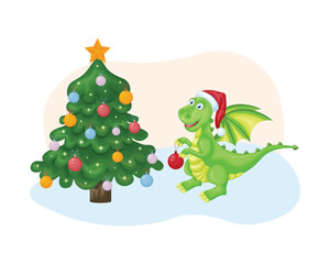 Dragon near the Christmas tree. Cute Christmas illustration depicting a dragon with a Christmas tree toy near the Christmas tree. A symbol of the new year. Vector