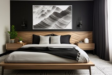 a bedroom featuring a streamlined wooden bed, monochrome bedding, and bold wall art