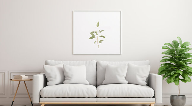 a white couch and plants in the living room mockup, in the style of graphic design poster art, uhd image