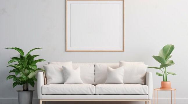 a white couch and plants in the living room mockup, in the style of graphic design poster art, uhd image © Enrique