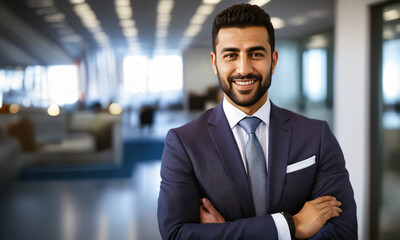 Naklejka premium Confident Middle-Eastern businessman in a blue suit standing in an office.