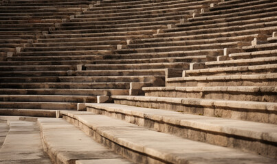 Ancient Roman amphitheater, stone seating, historic architecture, clear sky, travel destination