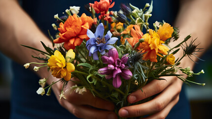 hands of a person holding a bouquet of flowers created with Generative AI technology
