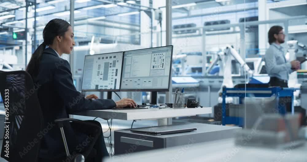 Aufkleber Asian Software Developer Managing a Cloud Computing Neural System on a Desktop Computer. Female Working in a Modern Technological Facility with an Automated Production Line with Robotic Arms