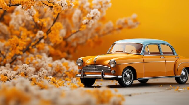 Yellow Retro Toy Car Carrying Flowers, HD, Background Wallpaper, Desktop Wallpaper