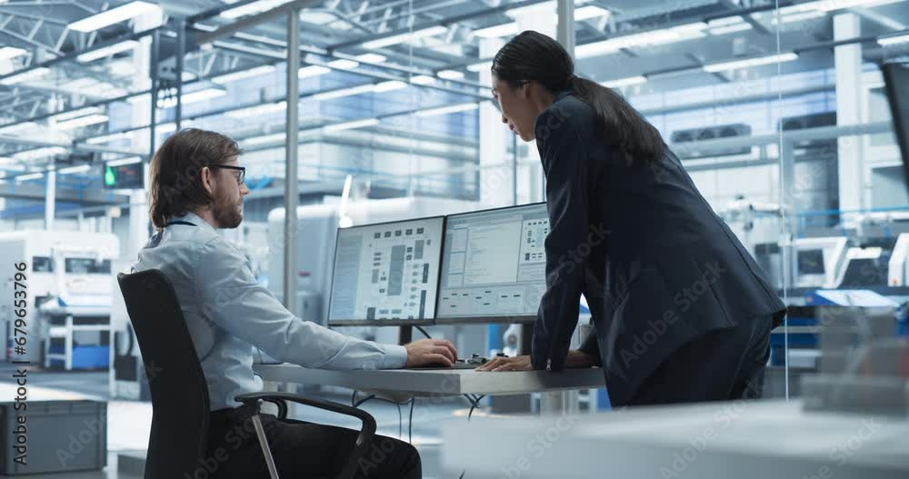 Leinwandbilder Handsome Engineer and a Beautiful International Business Manager Having a Conversation and Using Desktop Computer. Specialists Setting Up Production Values at an Electronics Assembly Plant