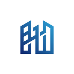 A close up of a blue and white logo with a building: This asset features a detailed logo in blue and white with a building element. It is suitable for businesses related to construction, real estate, 