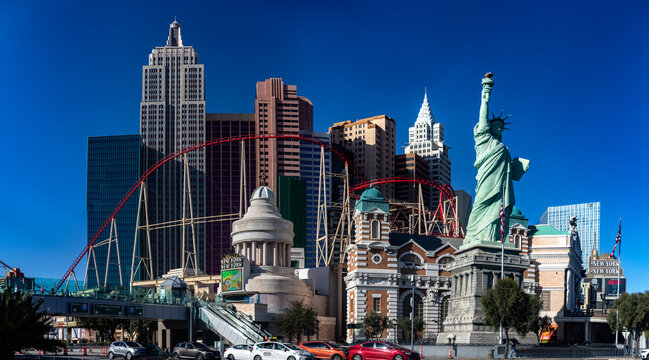 Las Vegas, USA; January 18, 2023: Panoramic view of the skyscrapers and landmarks of the New York New York Hotel and Casino on the Las Vegas Strip, located on Sin City Boulevard.