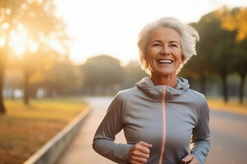 Fototapeta premium happy senior woman on morning run in autumn park