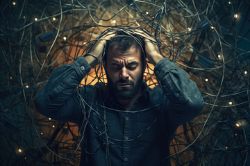sad man stands in web of internet wires his hands on head. Concept of social media addiction - obrazy, fototapety, plakaty