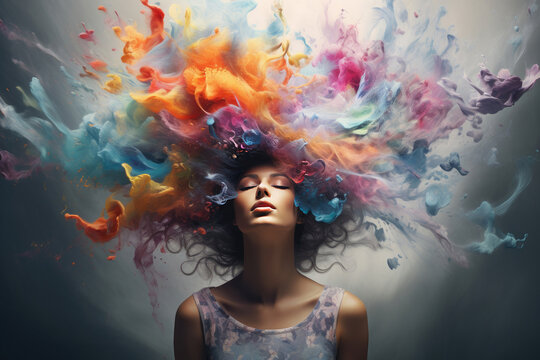 woman head with waves of colorful smoke inside as symbolizes happiness and positive thinking. Concept of mental health