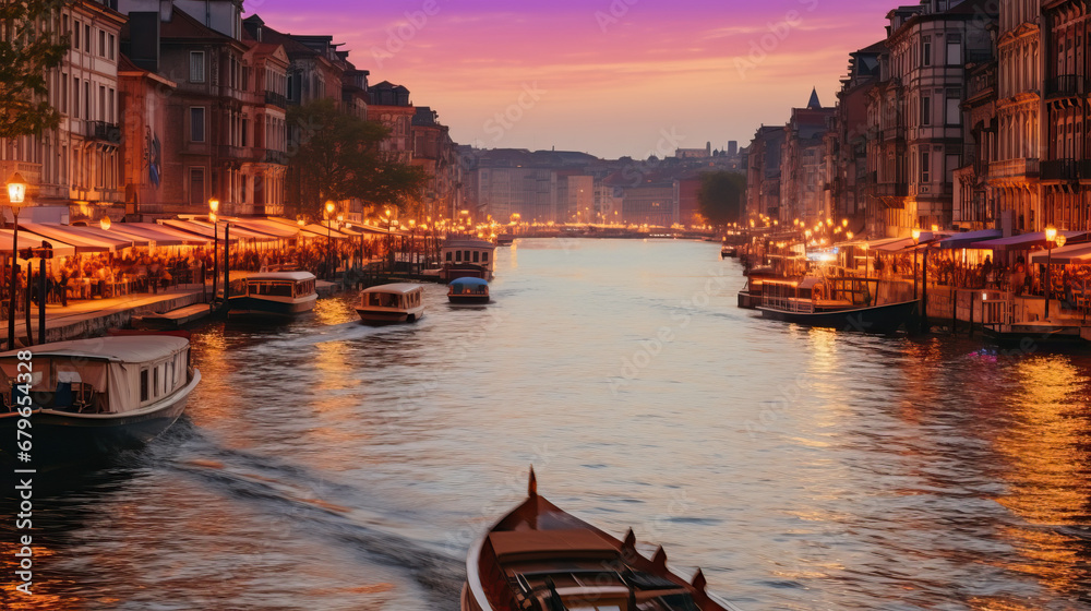 Sticker boats in the grand canal in the evening created with Generative AI technology