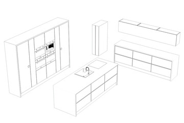 Kitchen interior furniture isolated on transparent background, outline illustration, sketch
